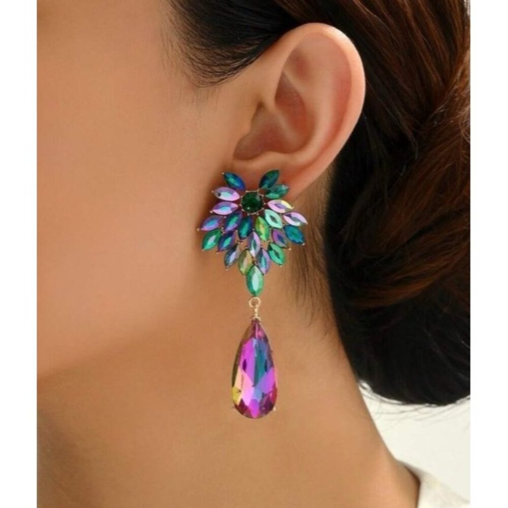 Elegant Glass Natural Earrings Green Pink